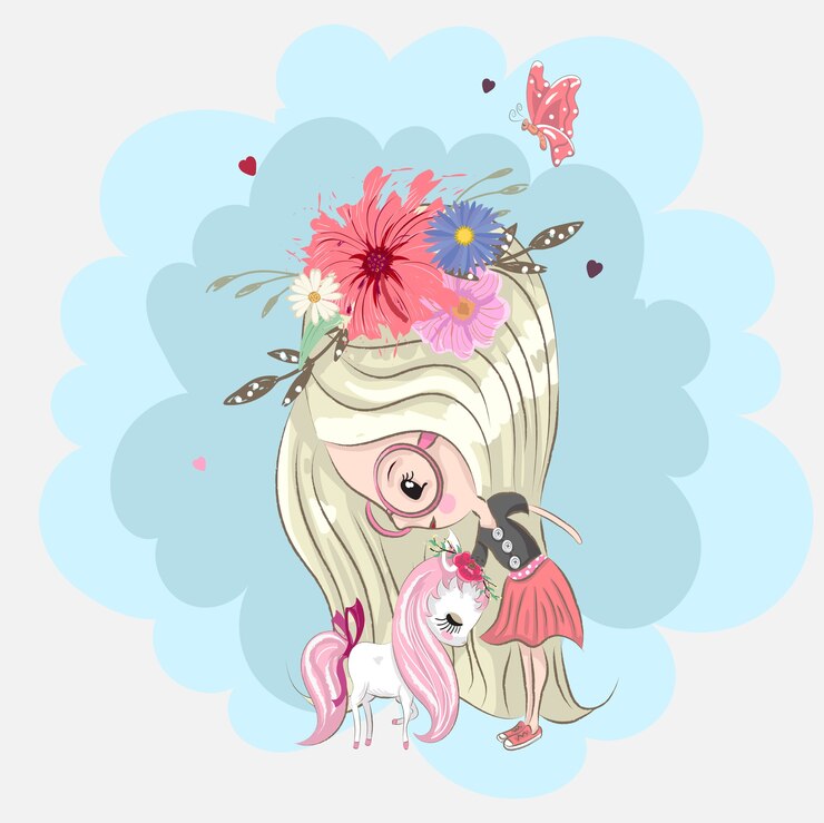 Ragazza carina e unicorno Principe con cartone animato coniglio disegnato