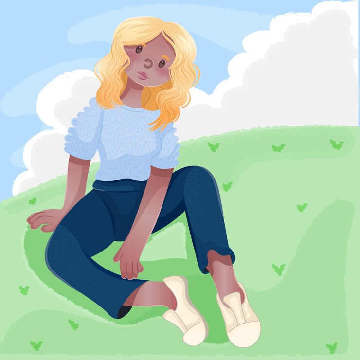 Ragazza carina felice seduta sull'erba icona vettore illustrazione persone oggetto icona concetto isolato p