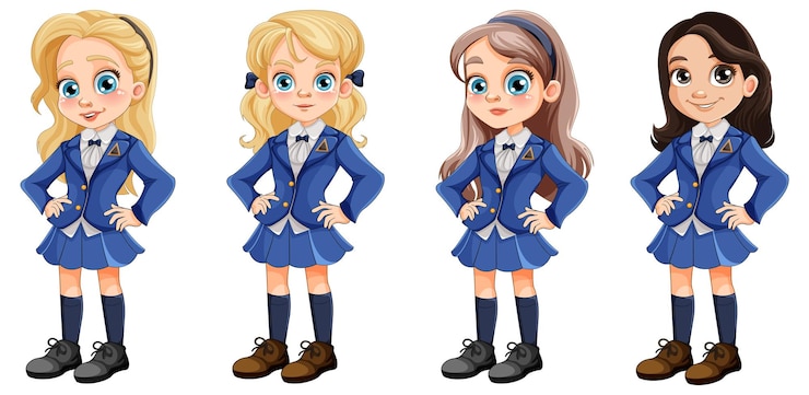 Vettore ragazza carina in diverse razze studente in uniforme