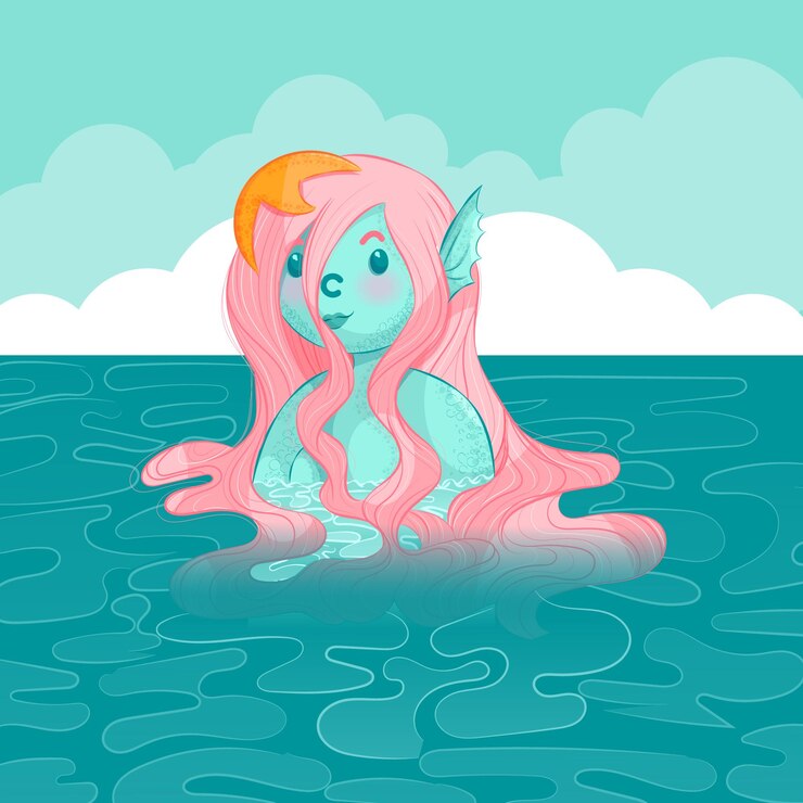 Ragazza carina sirena che esce dall'acqua con conchiglie e bellissimi capelli rosa bagnati arte vettoriale
