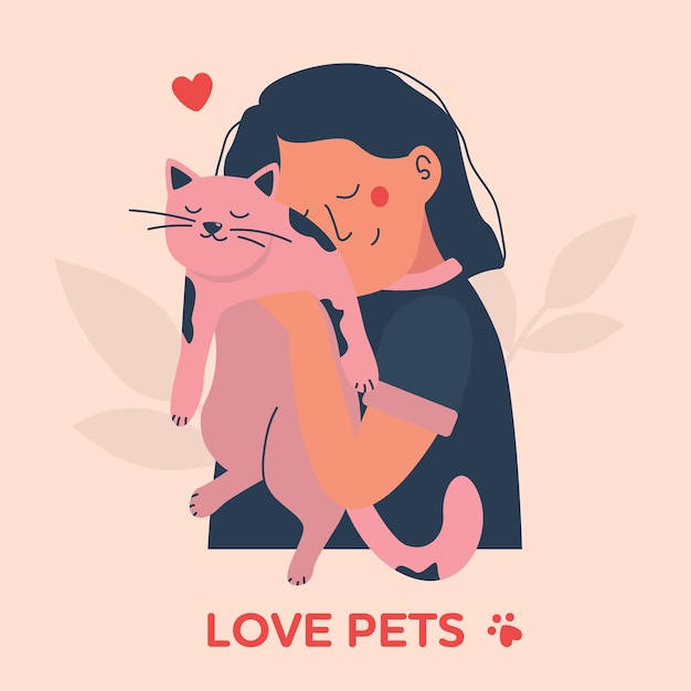 Ragazza che abbraccia un gatto Amore per gli animali domestici illustrazione piatta