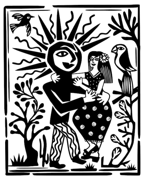 Ragazza che balla con il sole Brazilian cordel woodcut illustration vettoriale
