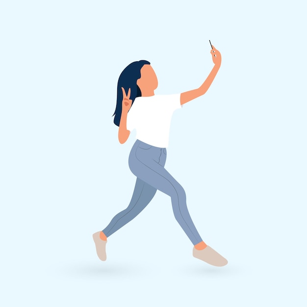 Ragazza che fa selfie sul telefono Foto Vittoria donna Jumping giovane signora Illustrazione vettoriale