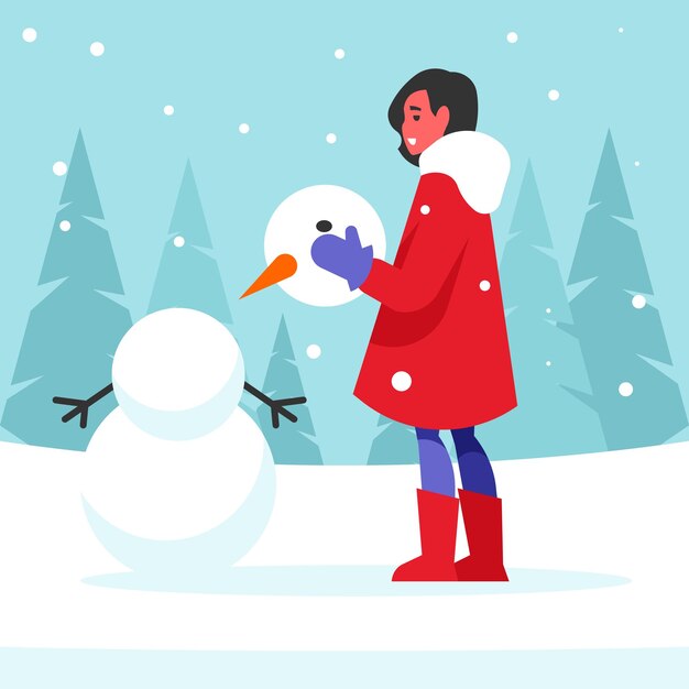 Ragazza che fa un pupazzo di neve nella foresta invernale Illustrazione vettoriale in stile piatto