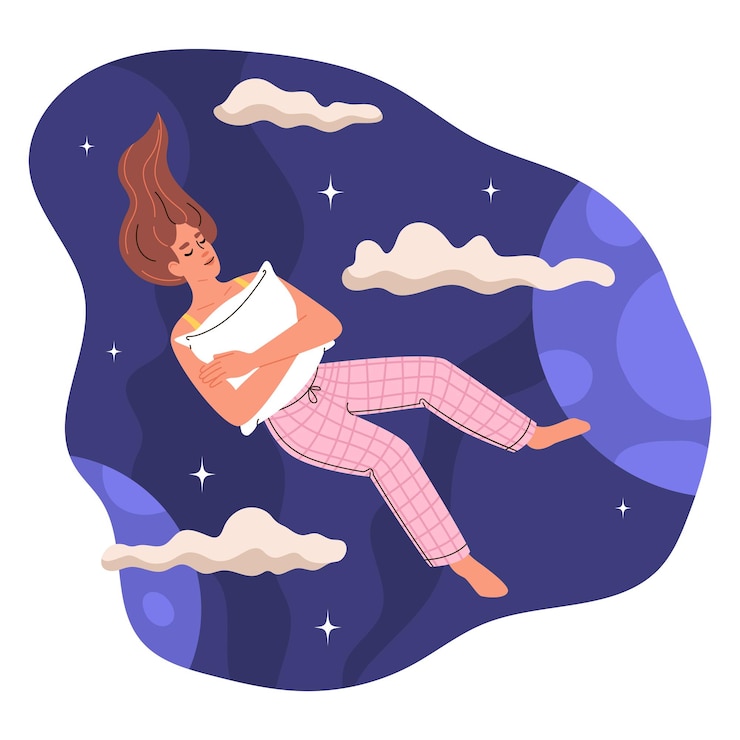 Ragazza che galleggia nell'aria abbracciando un cuscino che dorme dolcemente donna che fa un sonnellino tra le nuvole stelle e pianeti