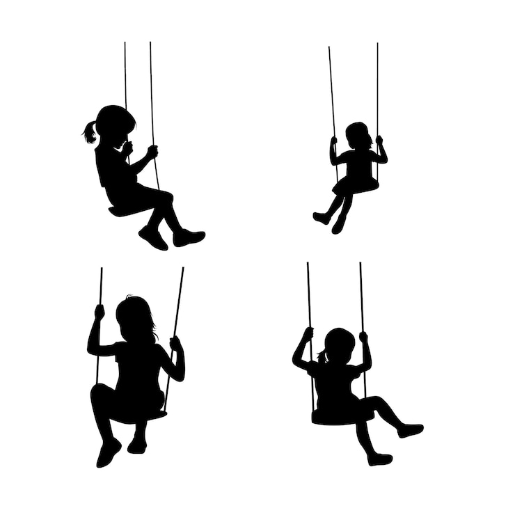 Vettore ragazza che gioca con la silhouette oscillante isolata sulla silhouette swingante bianca
