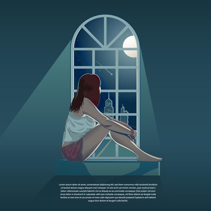 Vettore ragazza che guarda fuori dalla finestra di notte
