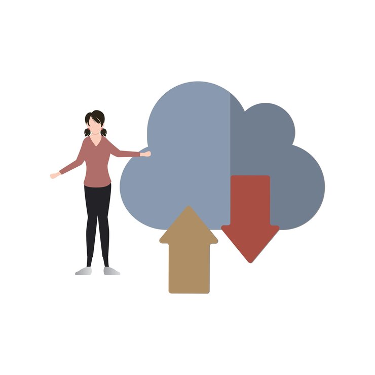 Vettore ragazza che lavora sui dati cloud