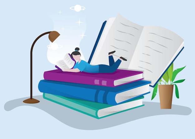 Ragazza che legge il libro giorno del libro Festival del libro concetto di un piccolo popolo che legge un libro enorme aperto