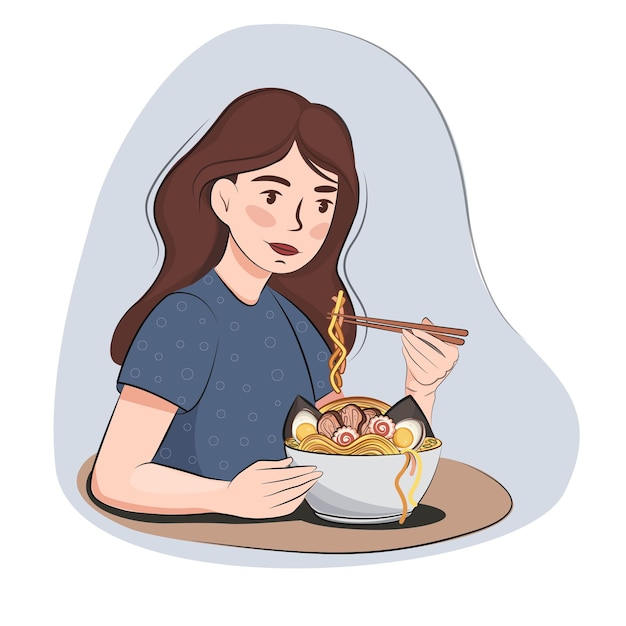Ragazza che mangia e si gode la sua zuppa di ramen con le bacchette