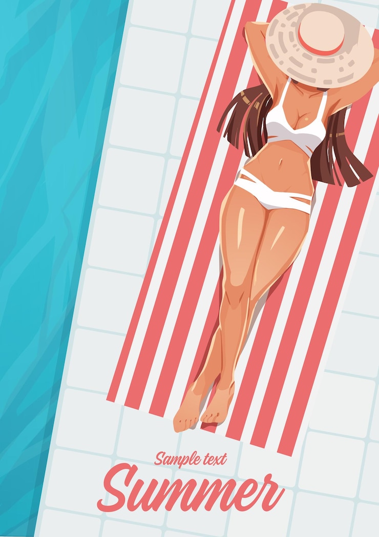 Vettore ragazza che prende il sole su una stuoia vicino alla piscina. concetto di vacanza estiva. illustrazione vettoriale