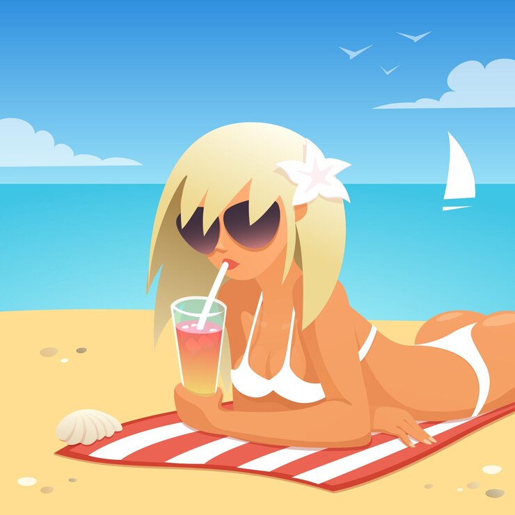 Vettore ragazza che si distende sulla spiaggia