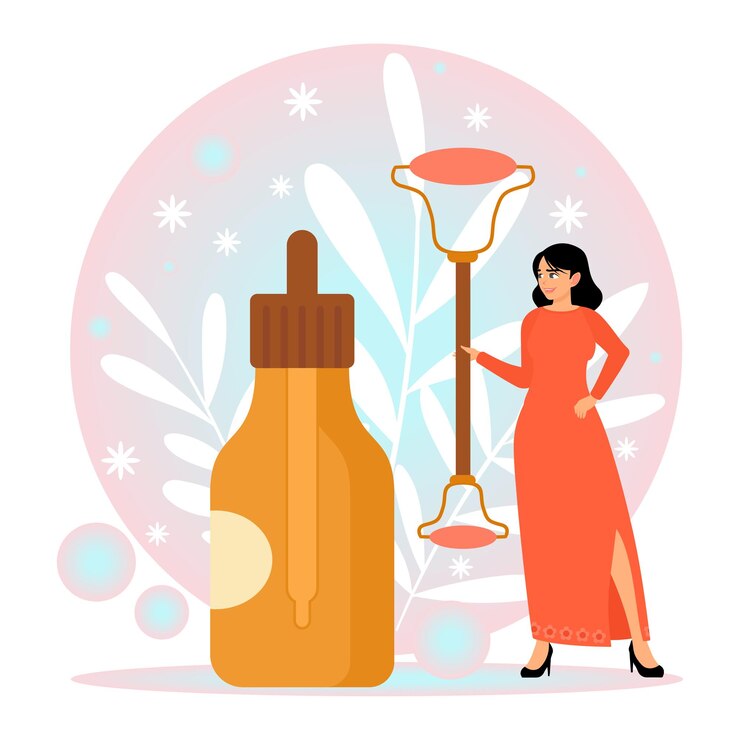 Vettore ragazza che si prende cura della bellezza e della salute con un flacone di siero cosmetico e un rullo facciale