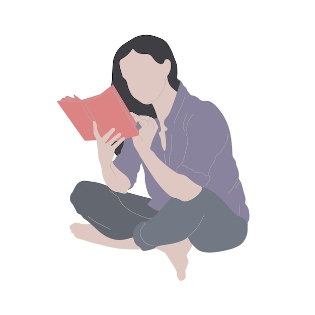 ragazza che si siede sul pavimento e che legge un'illustrazione piana del libro