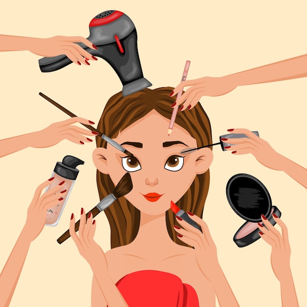 Ragazza circondata da articoli di bellezza Stile cartone animato Illustrazione vettoriale