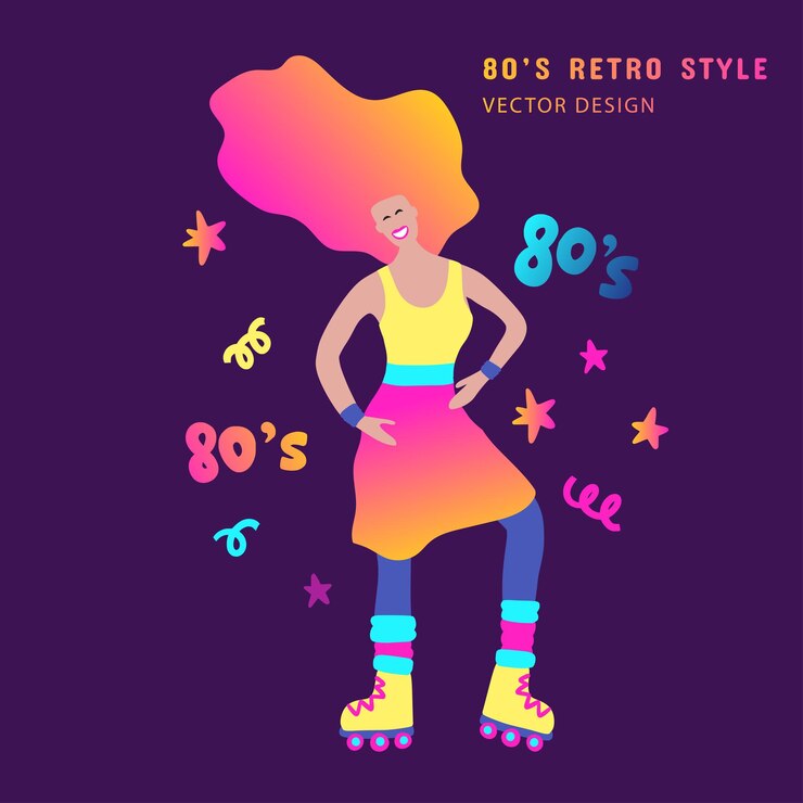 Vettore ragazza clipart festa retrò anni '80 e pattini a rotelle