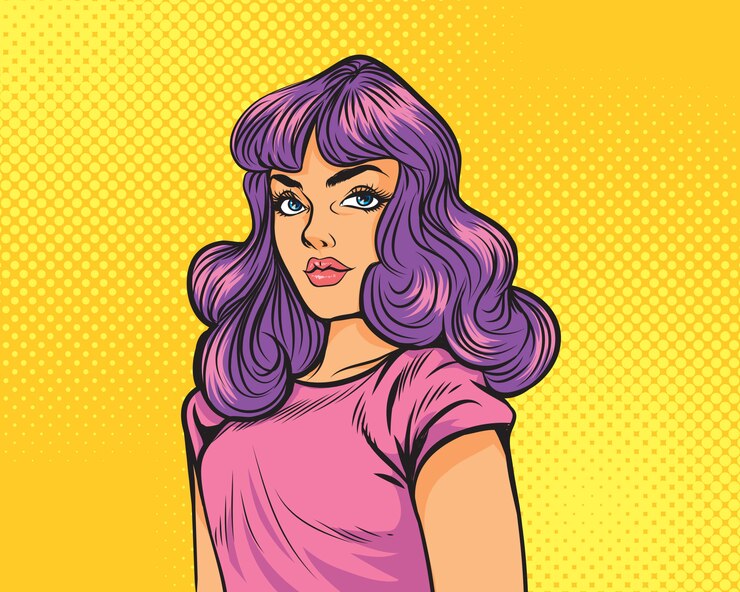 Vettore ragazza con capelli viola sopra giallo