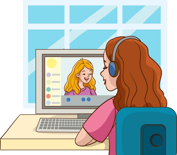 Vettore ragazza con cuffie e portatile video call illustrazione vettoriale