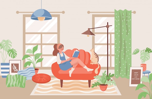 Ragazza con l'illustrazione piana del libro di lettura del gatto. Concetto di interior design accogliente soggiorno moderno.