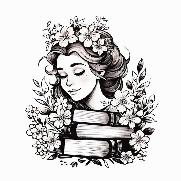 Ragazza con libri e fiori