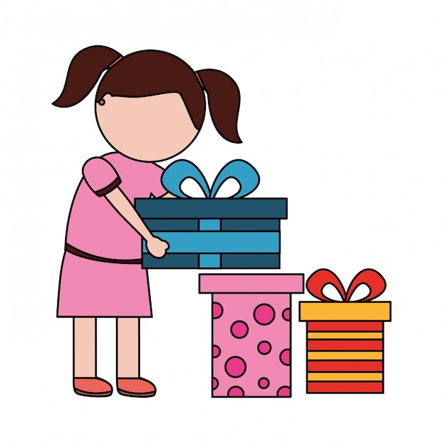Ragazza con molte scatole regalo di compleanno