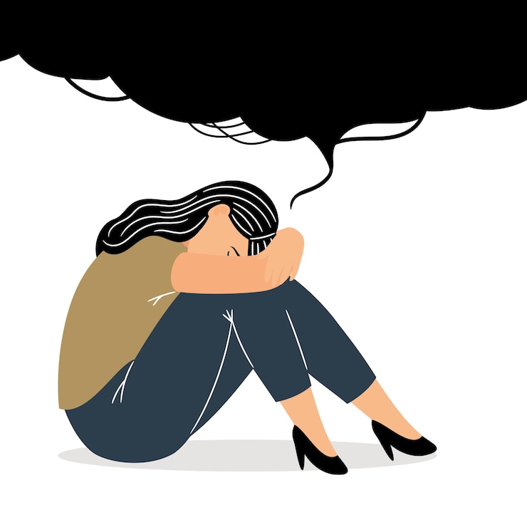 Vettore ragazza con pensieri tristi. donna cupa malinconica del fumetto con triste sensazione nell'adolescenza, concetto di illustrazione vettoriale di pensiero di depressione emotiva isolato su priorità bassa bianca