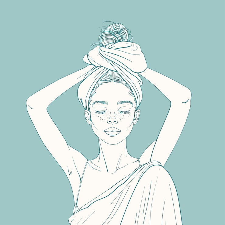 Vettore ragazza con un asciugamano sulla testa minimalista disegnata a mano