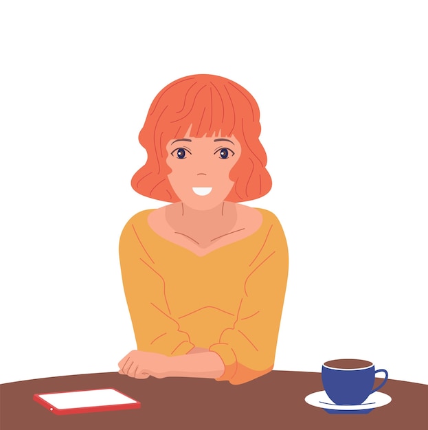 Ragazza con una tazza di caffè o tè Sorriso e buon umore Vector illustrationisolated sfondo
