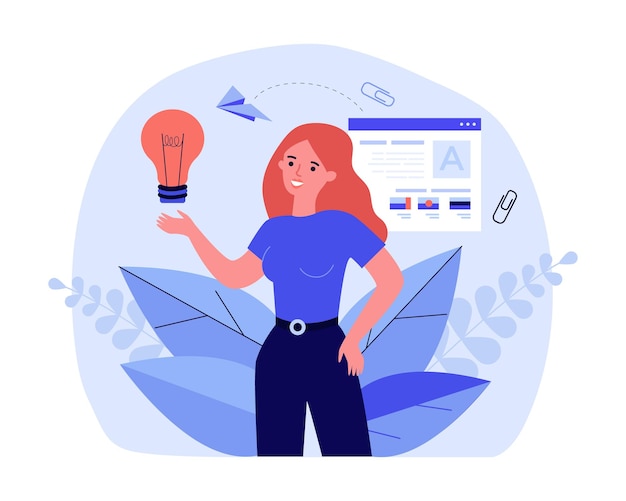 Ragazza creativa piena di idee in cerca di lavoro. Illustrazione vettoriale piatto. Donna che tiene la lampadina con portfolio e progetti completati sullo sfondo. Creatività, ispirazione, professione, concetto di lavoro