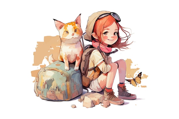 Ragazza del viaggiatore con un desing dell'illustrazione di vettore del gatto