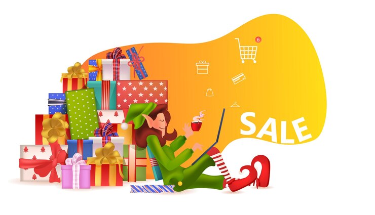 Vettore ragazza dell'elfo che utilizza il concetto di celebrazione delle feste di natale del nuovo anno del computer portatile aiutante di santa con i regali incartati che comperano online