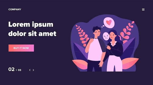 Ragazza depressa che tiene maschera positiva sul bastone durante la data. Giovane donna che copre la faccia infelice illustrazione. Concetto di emozione e travestimento per banner, sito Web o pagina web di destinazione