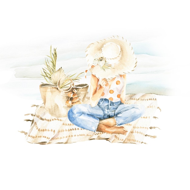 Ragazza di moda di estate dell'acquerello in jeans alla moda del cappello che si siede sulla palma tropicale della borsa di boho della spiaggia del mare