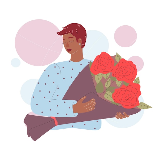 ragazza donna tiene un grande mazzo di fiori nelle sue mani e sorrisi, stile piatto, colori pastello, outlin