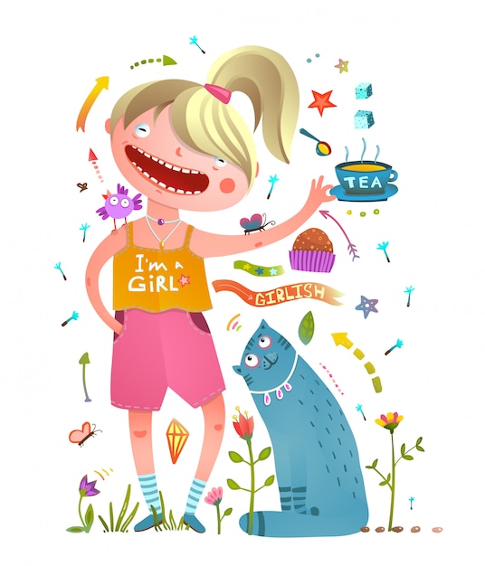 Ragazza e gatto domestico bevendo tè elementi di design da ragazza