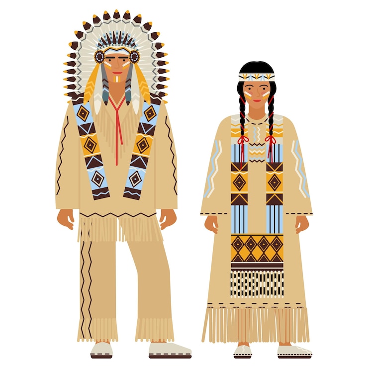Vettore ragazza e giovane in costume indiano nordamericano