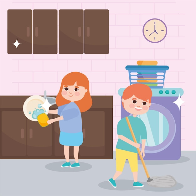 Ragazza e ragazzo che puliscono in cucina