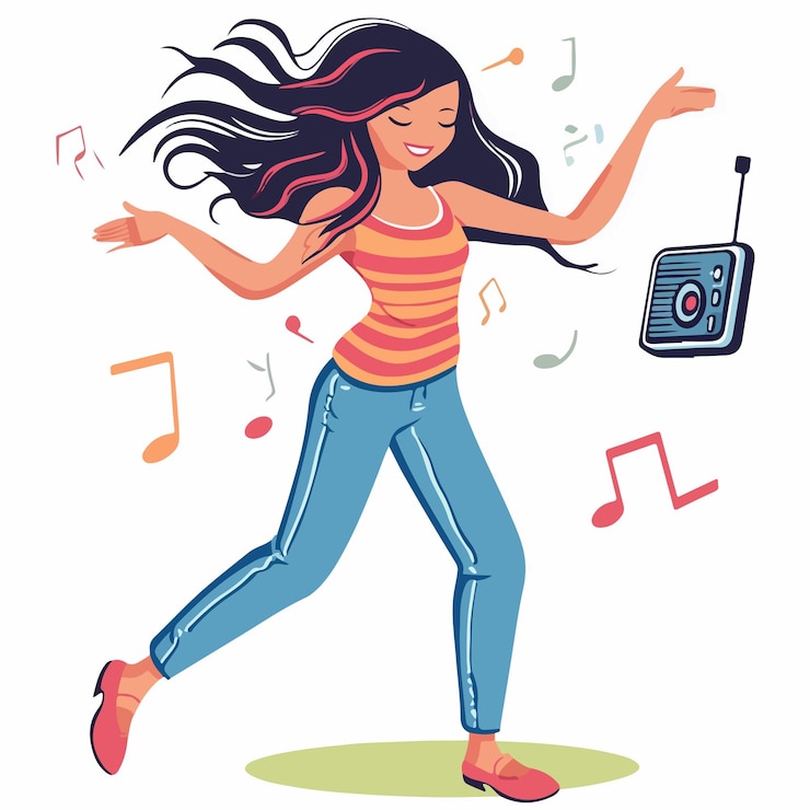 Vettore ragazza energica che balla con il lettore di musica mp3 illustrazione vettoriale
