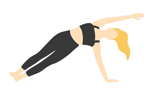 Ragazza europea con capelli lunghi biondi in tuta nera Pilates yoga femminile in stile cartone animato piatto