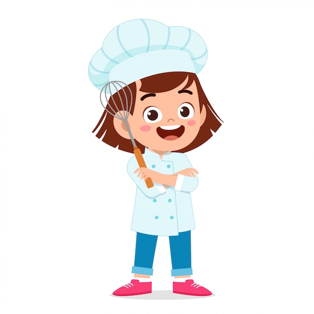 Ragazza felice bambino carino in costume da chef