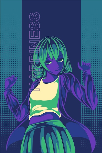 ragazza felice cartone animato anime retrò stile mezzitoni illustrazione