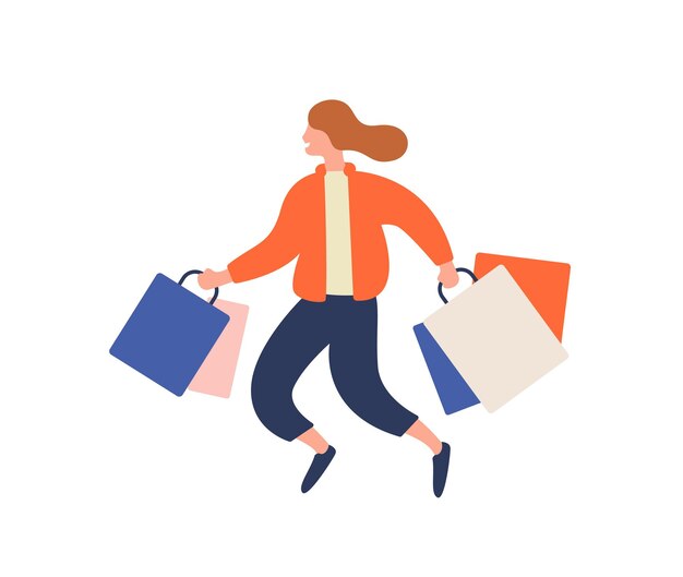 Ragazza felice del fumetto che corre con la borsa della spesa durante l'illustrazione piana di vettore di vendita. Pacchetto di trasporto di salto della donna del compratore colorato allegro isolato su bianco. La pazza maniaca dello shopping gode di uno sconto.