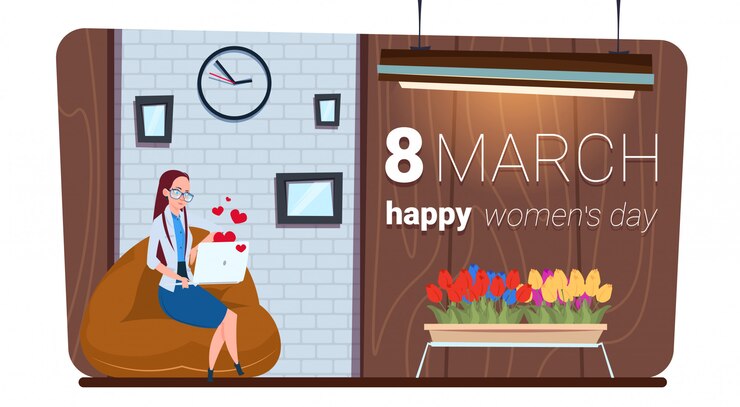 Vettore ragazza felice di concetto di giorno 8 marzo delle donne che usando messaging del computer portatile