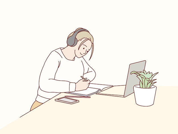 Ragazza felice in cuffie al computer portatile che studia scrittura sull'illustrazione semplice di stile coreano dello scrittorio