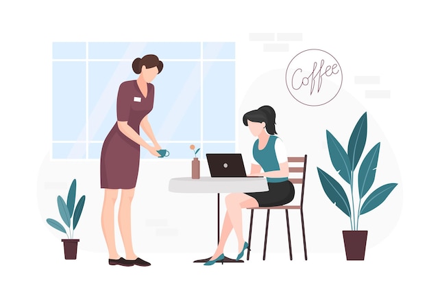 Ragazza freelance che lavora sul portatile in un caffè con una tazza di caffè