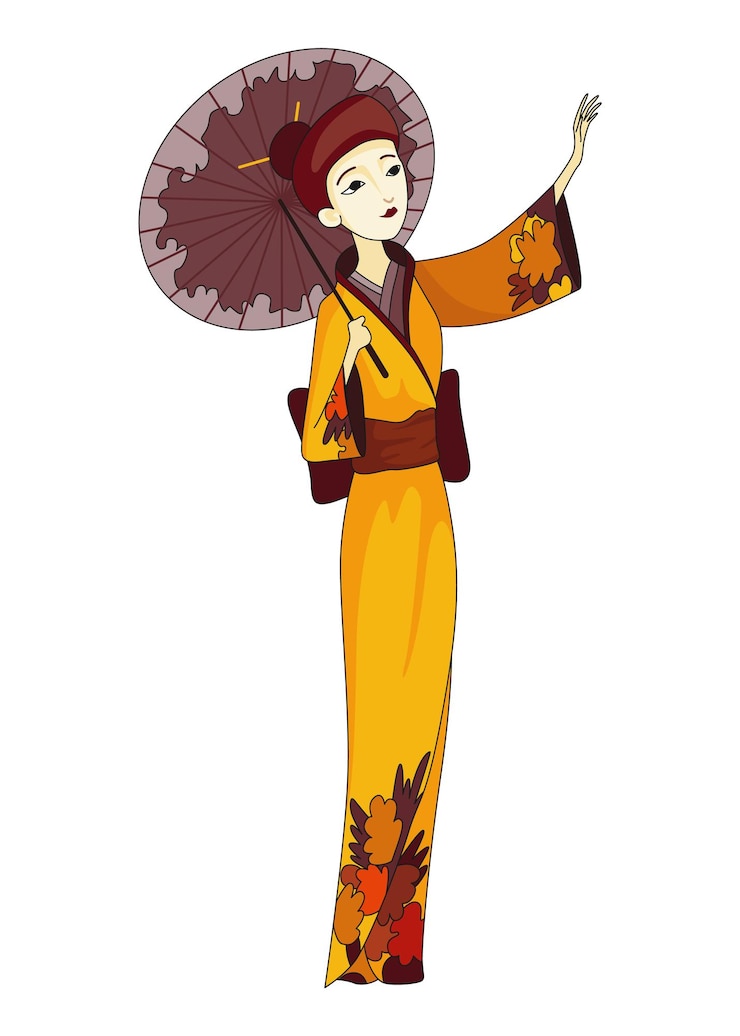 Vettore ragazza giapponese in piedi in kimono donne in costume tradizionale ritratto a figura intera del tipico geish giapponese