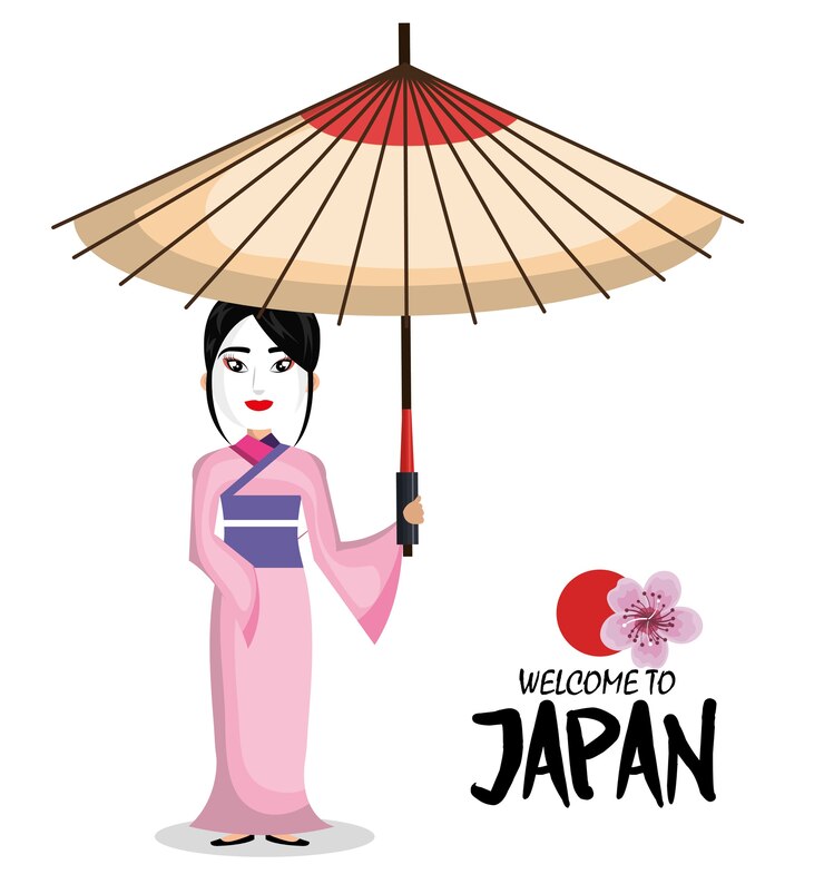 Vettore ragazza giapponese kimono benvenuto icona giappone