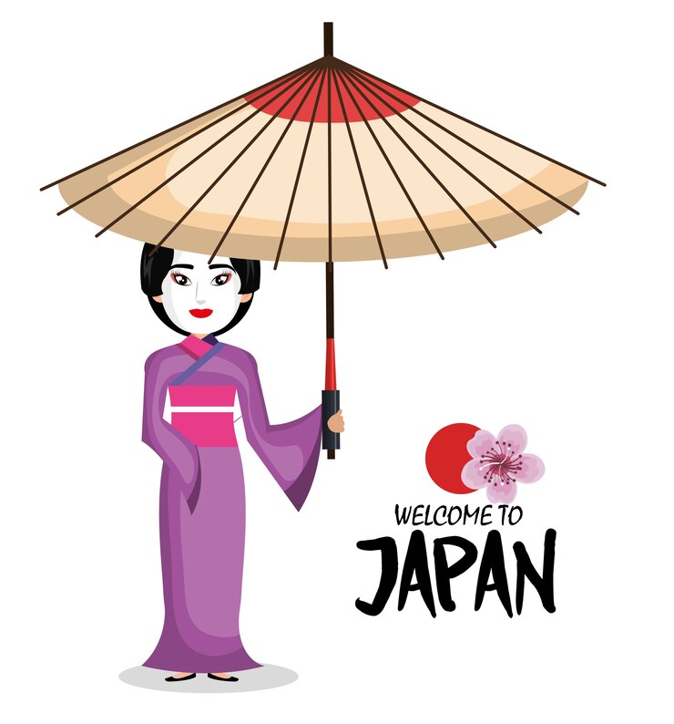 Vettore ragazza giapponese kimono benvenuto icona giappone