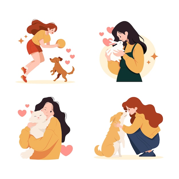 Ragazza giovane con animali domestici Una ragazza tiene un coniglio tra le braccia abbraccia un gatto gioca con un cane