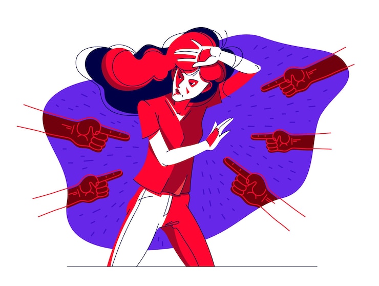 Vettore ragazza giovane con problemi e mani che puntano il dito illustrazione vettoriale concetto di bullismo e vergogna burla e tema di discriminazione